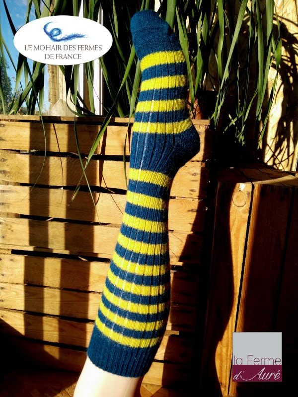 Chaussettes en laine Hautes Rayées bleu et jaune - Chaussettes chaudes