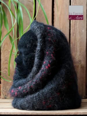 snood laine Mohair Noir liseré Rouge - Pur Mohair de France Tricot Main - Mohair ferme d'Auré