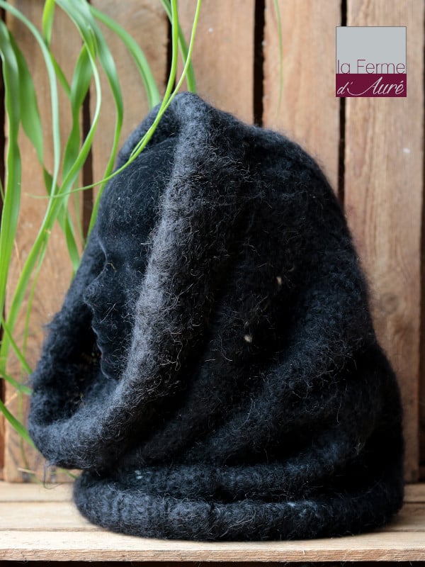 snood laine Mohair Noir liseré Ecru - Pur Mohair de France Tricot Main - Mohair ferme d'Auré