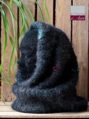 snood laine Mohair Noir liseré Rouge/Lagon - Pur Mohair de France Tricot Main - Mohair ferme d'Auré