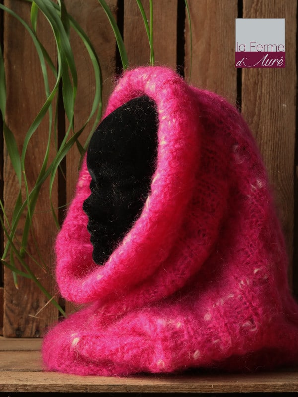 snood laine Mohair Fushia liseré Ecru - Pur Mohair de France Tricot Main - Mohair ferme d'Auré